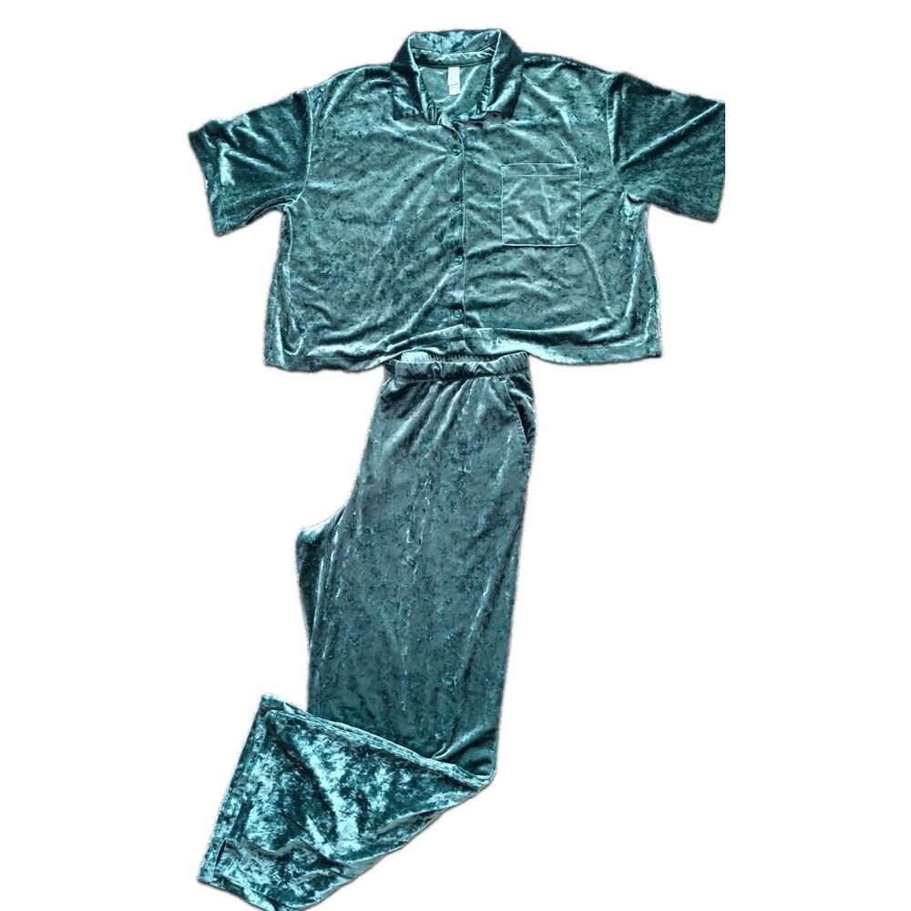 Stars Above Crushed Velvet Pajama Set Lounge Set Size XXL Emerald Green Indie